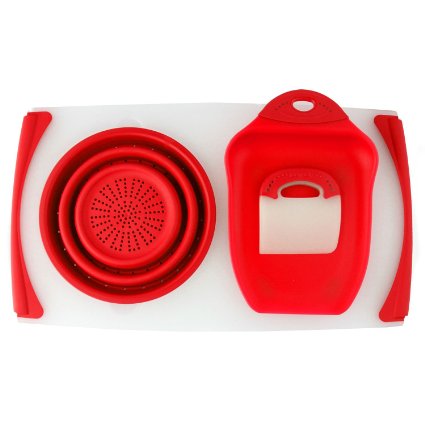 Dexas Collapsible Over the Sink Strainer Board (20 In. X 11.5 In.) with Chop and Scoop & Scraper (Red)