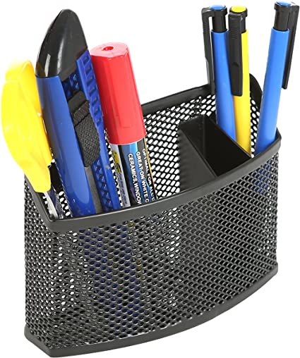 Magnetic Black Metal Mesh Curved 3 Compartment Office Supply Organizer and Storage Basket