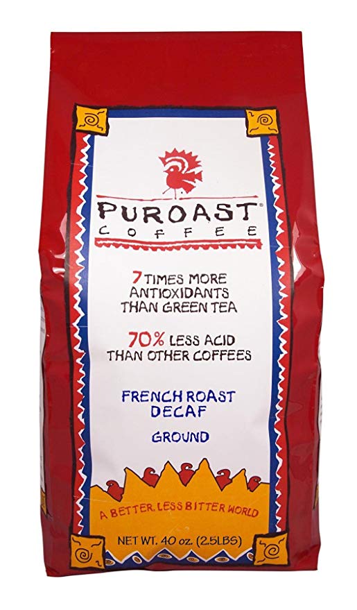 Puroast Low Acid Coffee French Roast Natural Decaf Drip Grind, 2.5-Pound Bag