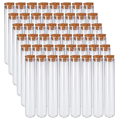 Bekith 48pcs 45ml Glass Test Tubes 25x140mm with Cork Stoppers, as Bath Salt Containers, for Scientific Experiments, Party Decorations, Candy Storage