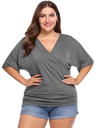 IN'VOLAND Womens Plus Size Tops V Neck Wrap Short Sleeve Shirts Casual Loose Dolman Top Tunic