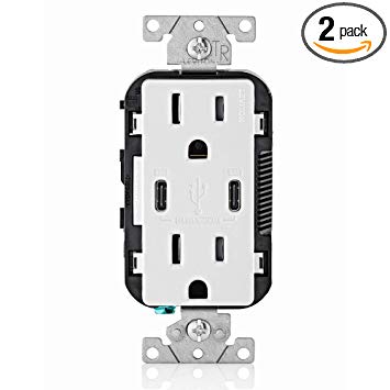 Leviton T5635-W USB Dual Type-C with Power Delivery (PD) In-Wall Charger with 15 Amp, 125 Volt Tamper-Resistant Outlet, White with Screwless Wallplates, 2-Pack