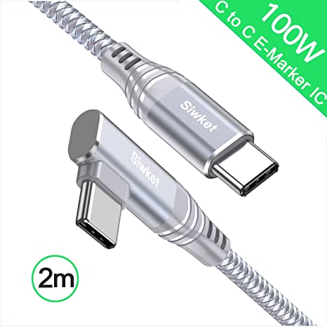 Siwket USB C to USB C Cable 90 Degree,[2M] 20V5A 100W Type C Fast Charging Cable Braided Data Cord for MacBook Pro/Air, iPad Pro 2020/2018,ChromeBook Pixel,Samsung S20 Ultra/10,Note10 Huawei ect-Grey
