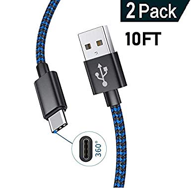 USB Type C Cable 10FT Fast Charge Cord for Samsung S8 / S9 / S10 / Note 8 / Note 9 Plus, 2 Pack 10 Feet USB A to USB C Charger Cable Long Charge & Data USB Type C Charging Cable For LG G5 / G6 / G7, Google Pixel 2 / 3 XL (Blue, 2 X 10 Foot)