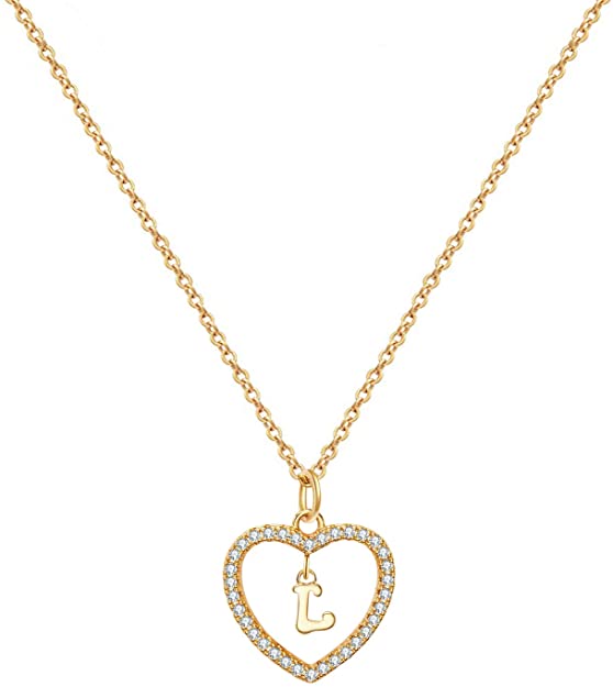 Initial Necklace for Women Letter A to Z Name Alphabet Heart Pendant Necklace for Women 14K Real Gold Plated