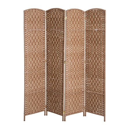 HomCom 6’ Tall Diamond Weave Woven Fiber Room Divider (Natural Wood, 4 Panel)