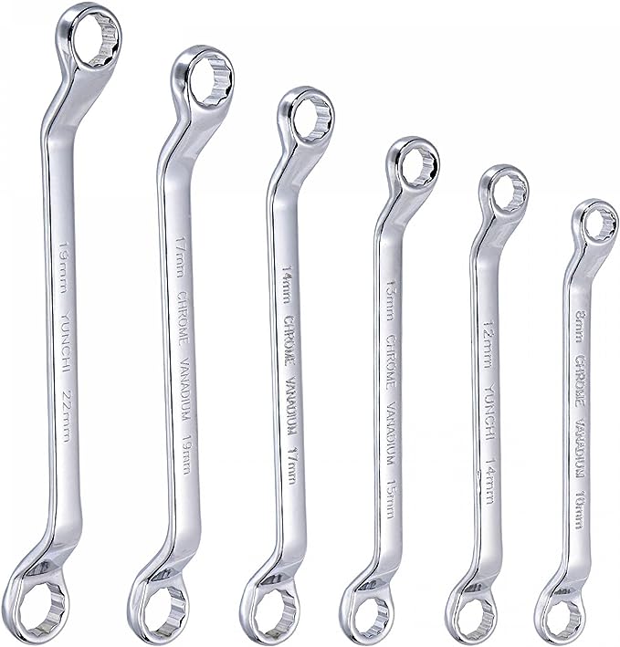 uxcell 45-Degree Offset Box End Wrench Set, 8-22mm Metric CR-V Steel with Rolling Pouch, 6-Piece