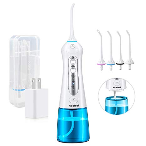 Cordless Water Flosser Teeth Cleaner, Nicefeel 300ML 2 Tip Cases Portable and USB Rechargeable Oral Irrigator for Travel, IPX7 Waterproof, 3-Mode Water Flossing with 4 Jet Tips for Home