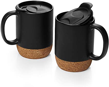 DOWAN 15 oz Coffee Mug Sets, Set of 2 Large Ceramic Mugs, with Insulated Cork and Splash Proof Mug Lid, Matte Grey