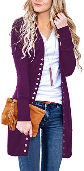 MEROKEETY Women's Long Sleeve Snap Button Down Solid Color Knit Ribbed Neckline Cardigans