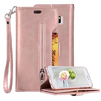 PU Leather Zipper Wallet Case for iPhone 7 8, Aearl Multi-functional Zipper Cash Purse Slot Pocket Folio Flip Stand Magnetic Cover Inner TPU Case Card Holder Wrist Strap for iPhone 8 7 - Rose Gold