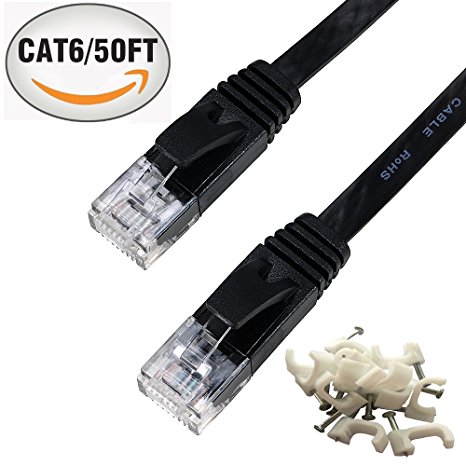 Cat 6 Ethernet Cable 50 ft Black –with Cable Clips Flat Internet Network Cable–Cat 6 Computer Cable With Snagless Rj45 Connectors – 50 feet Black