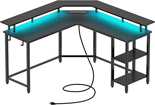 Rolanstar Computer Desk L Shaped with LED Strip & Power Outlets, Reversible L Shaped Gaming Desk Carbon Fiber Surface with Monitor Stand, L Shaped Computer Desk with USB Port&Hook,Home Office Desk