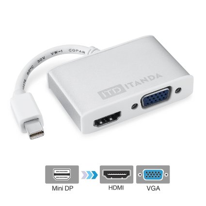 ITANDA Mini DisplayPort (Thunderbolt Port Compatible) to HDMI/VGA Male to Female 2-in-1 Adapter for Apple Macbook in Silver - Supporting 4K Resolution via HDMI
