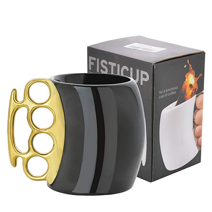 Funny Coffee Mug,Brass Knuckle Duster Creative Ceramic Cool Black Mugs with Golden Handle
