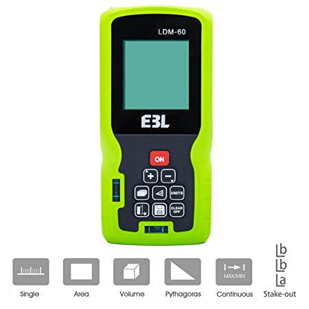 E3L 196-Feet Digital Laser Distance Meter / Distance Measure, Large LCD Back-lit Screen, with Pythagorean Mode, Area, Volume Calculation (Green)