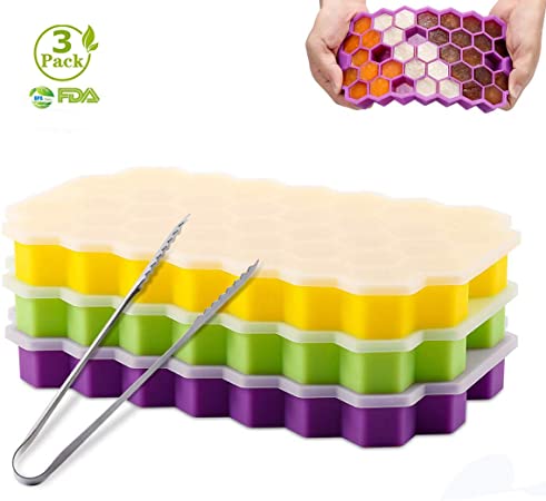 3 Pack Ice Cube Trays, Silicone Honeycomb Shape Ice Cube Molds wih Lids Make 111 Ice Cube for Whiskey, Cocktail, Stackable Flexible, BPA Free (Purple Yellow Green)