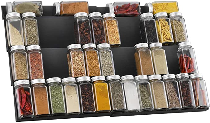 Adjustable Spice Rack Drawer Organizer, 12" to 23" Stackable Tray, Expandable Plastic Tray Drawer Organizer for Spice Jars, Vitamins, Seasonings organizer for Kitchen Cabinet 2 Pack - Black