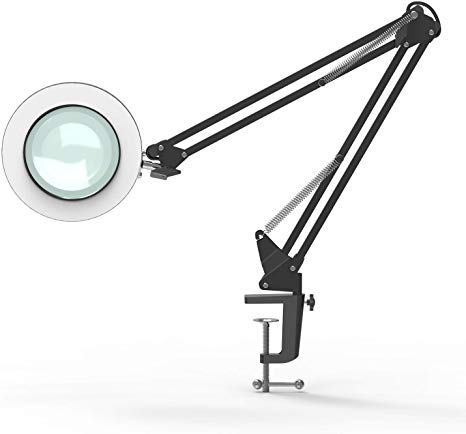 YOUKOYI 5X LED Magnifying Lamp Metal Swing Arm Magnifier Light 3 Color Modes 4.1" Diameter Glass 7W Eye-Caring Desk Lamp for Reading/Office/Work Black