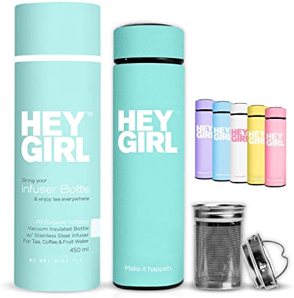 Hey Girl Tea Infuser Bottle - Insulated Stainless Steel Tea Thermos & Water Bottle - No-Slip Exterior - Leak-Proof Seal - 6 Colors with Motivational Message - Ideal Gift & Cute Packaging - 15oz Green