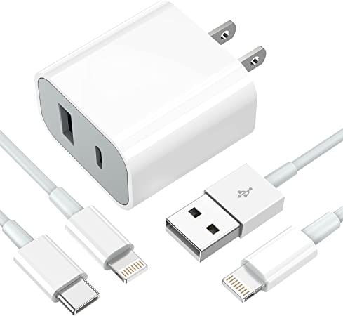 USB C Charger, 32W iPhone Charger Dual Ports with MFi Certified USB-C to Lightning Cable and Lightning to USB A Charge and Sync Cable Wall Charger Block for iPhone 12/11/Pro Max/XS/XR/X/8/Galaxy/Pixel