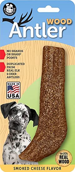 Pet Qwerks REAL WOOD Antler, Smoked Cheese Flavor -  Durable Dog Chew Toy Bone for MODERATE Chewers | Made in USA, NO Shards or Sharp Points