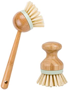 Bamboo Round Mini Palm Scrub Brush and Long Handle Palm Brush - Wash Dishes, Pots, Pans, Vegetables - for Kitchen Sink, Bathroom, Household Cleaning -Natural Wood