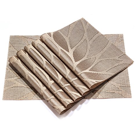 HEBE Placemats Set Of 6 Unique Durable Kitchen Table Mats Woven Vinyl Dining Table Placemats Set Washable Heat Resistant Stain-resistant Placemats Easy to Clean(6, Brown)