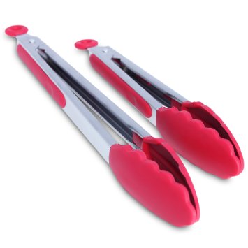 Oberhaus 9-Inch and 12-Inch Premium Silicone Tongs 2 Pack Red