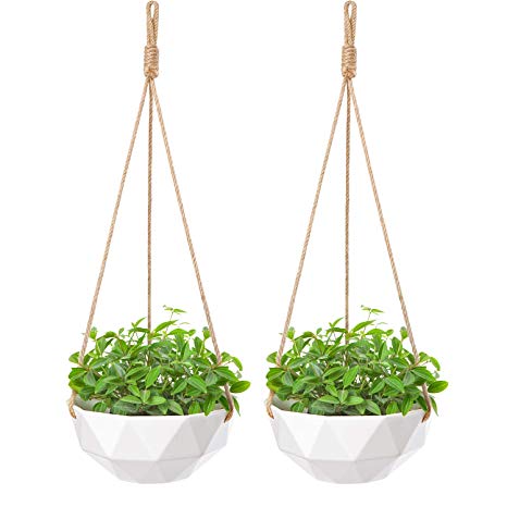 Mkono 2 Pack Ceramic Hanging Planter Modern Geometric Flower Plant Pot 8 Inch Porcelain Hanging Basket with Jute Rope Hanger for Indoor Outdoor Herbs Ivy Crawling Plants, White