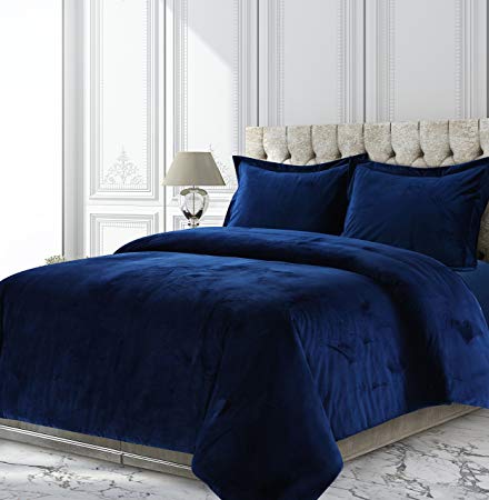 TRIBECA LIVING VENICEDUVETQUNB Venice Velvet Oversized Solid Duvet Set, Queen, Navy Blue