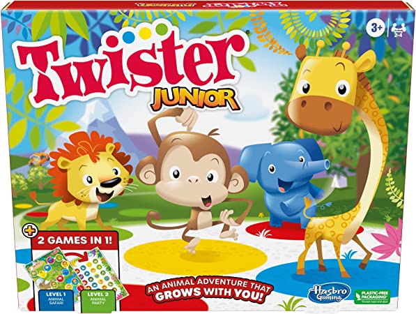 Hasbro Gaming Twister Junior Game, Animal Adventure 2-Sided Mat, 2 Games in 1, Party Game for Kids Ages 3 and Up, Indoor Game for 2-4 Players