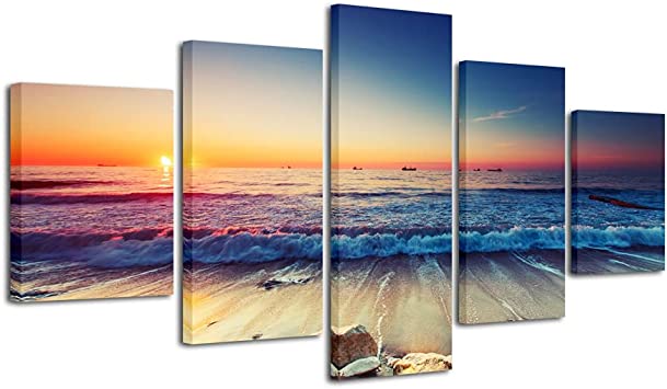 Pyradecor 5 Piece Large Modern Seascape Artwork Gallery Wrapped Ocean Sea Beach Pictures Giclee Canvas Prints Waves Paintings on Canvas Wall Art for Living Room Bedroom Home Decorations L