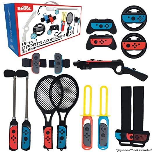 Switch Sports Accessories Bundle - 15 in 1 Accessories Kit compatible with Nintendo Switch Sports: Includes 2 Tennis Rackets, 2 Golf Clubs, 2 Arm Bands, 2 Leg Straps, 2 controller grips, 1 Zapper, 2 Swords and 2 Steering wheels,