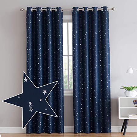 Vandesun Foil Print Star Pattern Room Darkening Curtains Solid Thermal Insulated Blackout Curtains - 2 Panels (52 × 63 inch, Blue)