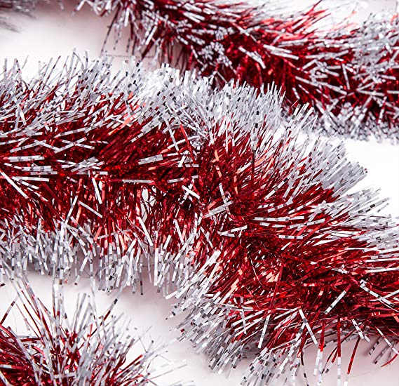 iPEGTOP 3 Pcs x 6.6ft Christmas Snowy Tinsel Twist Garland, Classic Shiny Sparkly Party Soft Tinsel Christmas Tree Ceiling Hanging Decorations, 4 inch Wide with Silver Edge, Red