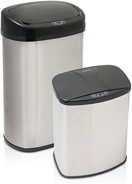 Hamilton Beach Brushed Stainless Steel Motion Sensor Trash Can for Kitchen, Kitchen Trash Can for Garbage, Runs on Standard Batteries (not included) - Set of 2, Includes 13 Gallon and 14 Gallon