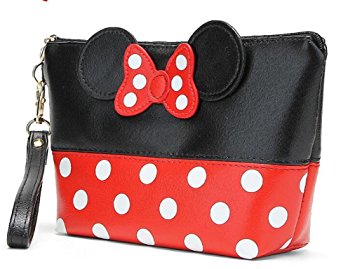 Finex Minnie Mouse Ears style Polka dots Cosmetic bag - Multifunction Travel Makeup Handbag with Zipper (Trapezoid, Red/Black)