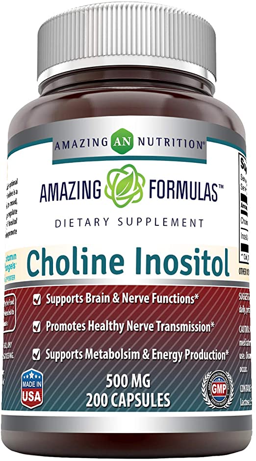 Amazing Formulas Choline Inositol 500 mg 200 Capsules (Non GMO,Gluten Free) Supports Brain & Nerve Function, Metabolism & Energy Production Promotes Healthy Nerve Transmission(200 Count)