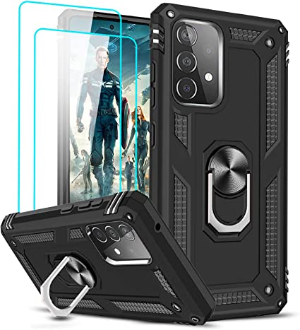 LeYi for Samsung Galaxy A52 5G/4G/A52S Case and 2 Tempered Glass Screen Protector,Ring Holder Military Grade Protective Silicone Shockproof Tough Armor Hard Phone Cover for Samsung A52 Black