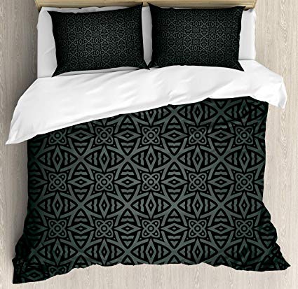 Ambesonne Vintage Duvet Cover Set Queen Size, Medieval Folkloric Ornament Celtic Abstract Floral Circles, Decorative 3 Piece Bedding Set with 2 Pillow Shams, Dark Reseda Green Charcoal Grey