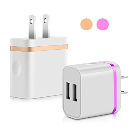 SEGMO® 5V/2.0Amp US Plug Dual USB Port 2 Ports Travel Wall Charger Easy Grip Home Power Adapter for iPhone 6S SE 5S iPad Mini 4 3 Samsung Galaxy Note 5 4 Motorola Nokia Sony HTC LG Huawei Xiaomi Mobile Phone (2Pack-(HotPink/Gold))