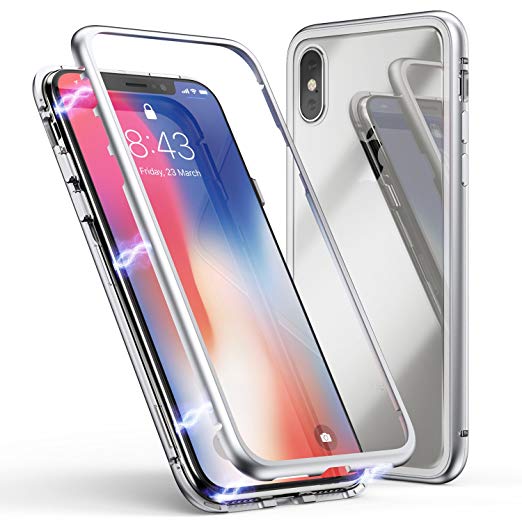 ZHIKE iPhone X Case, iPhone Xs Case, Magnetic Adsorption Case Metal Frame Tempered Glass Back with Built-in Magnet Cover [Support Wireless Charging] for Apple iPhone 10/X/XS (Clear White)