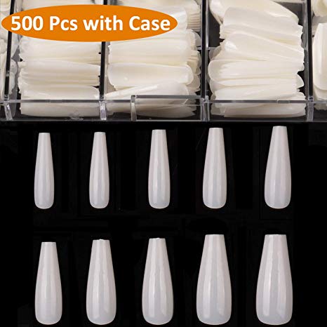 Long Coffin Fake Nails - Full Cover Natural Ballerina False Nail BTArtbox 500 Pcs Acrylic Nail Tips with Case, 10 Sizes