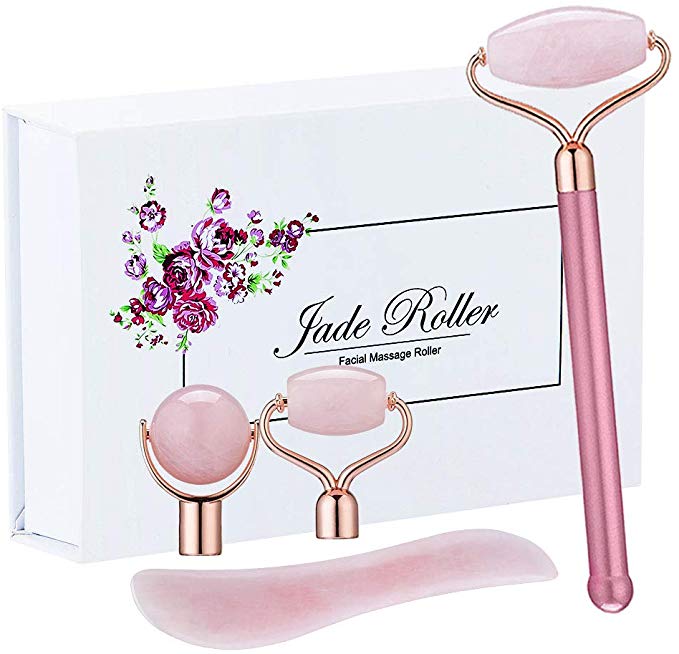 Jade Roller for Face, 3-in-1 Detachable Face Roller | Gold Metal Handle | Guasha Stone Facial Massage Roller for Slimming & Tightening, Skin Rejuvenating & Wrinkle