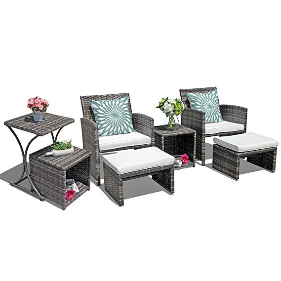 OC Orange-Casual Outdoor Furniture Set Patio Conversation Set with White Cushions & Nesting Tables & Storage Box for Backyard, Lawn, Space Saving Chat Set