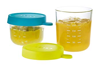 BEABA Glass and Silicone Baby Food Containers with Airtight Lid, Set of 2, 5 oz and 8 oz Jars (Peacock)