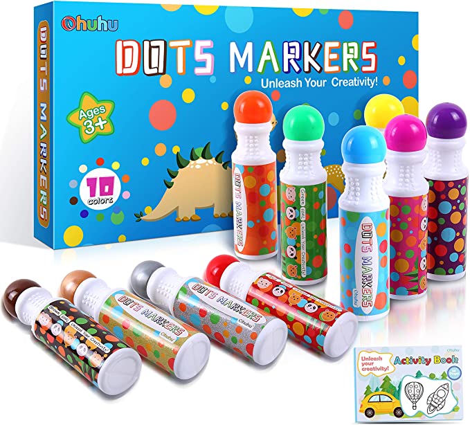 Dot Markers Kit, Ohuhu 10 Colors 18mm Diameter Dot Paint Marker (60 ml, 2.02 oz.) with a 30 Pages Activity Book, Water-Based Non-Toxic Bingo Daubers for Kids Children (3 Ages  ), Dot Marker Christmas