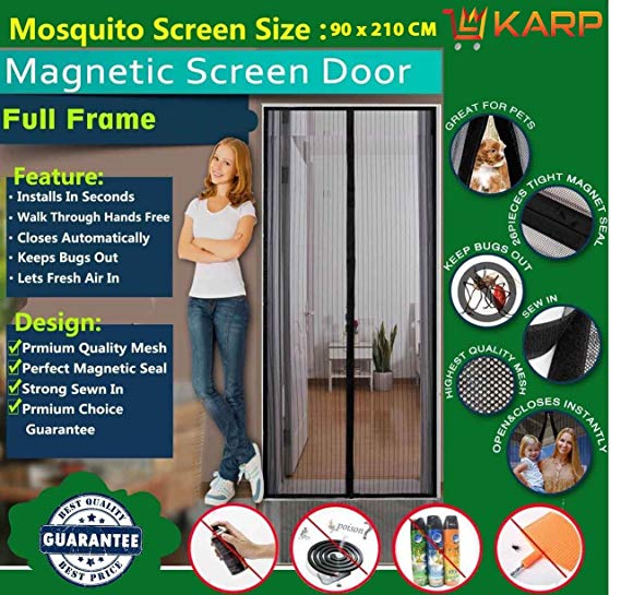 Karp Mosquito Magnetic Screen Door Full Frame Curtain With Hook And Loop Fastener Tape (90 Cm W X 210 Cm H) - Black Color