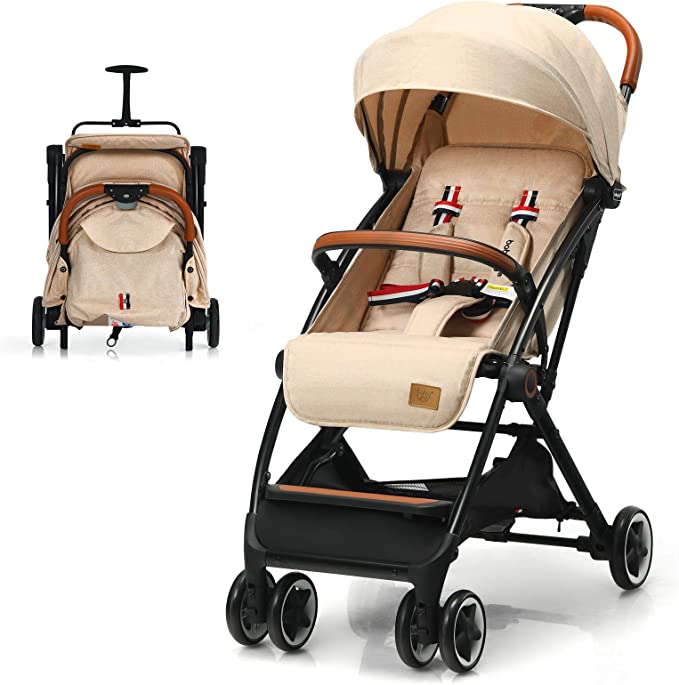 COSTWAY Lightweight Baby Stroller, One-Hand Foldable Infant Pushchair with 5-Point Harness, Adjustable Backrest/Footrest/Canopy, Compact Travel Buggy for 0-3 Years (Beige)